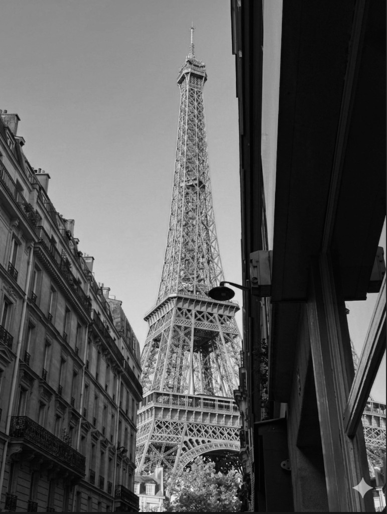 Paris: Eiffel Tower and streetscape in full frame, black and white